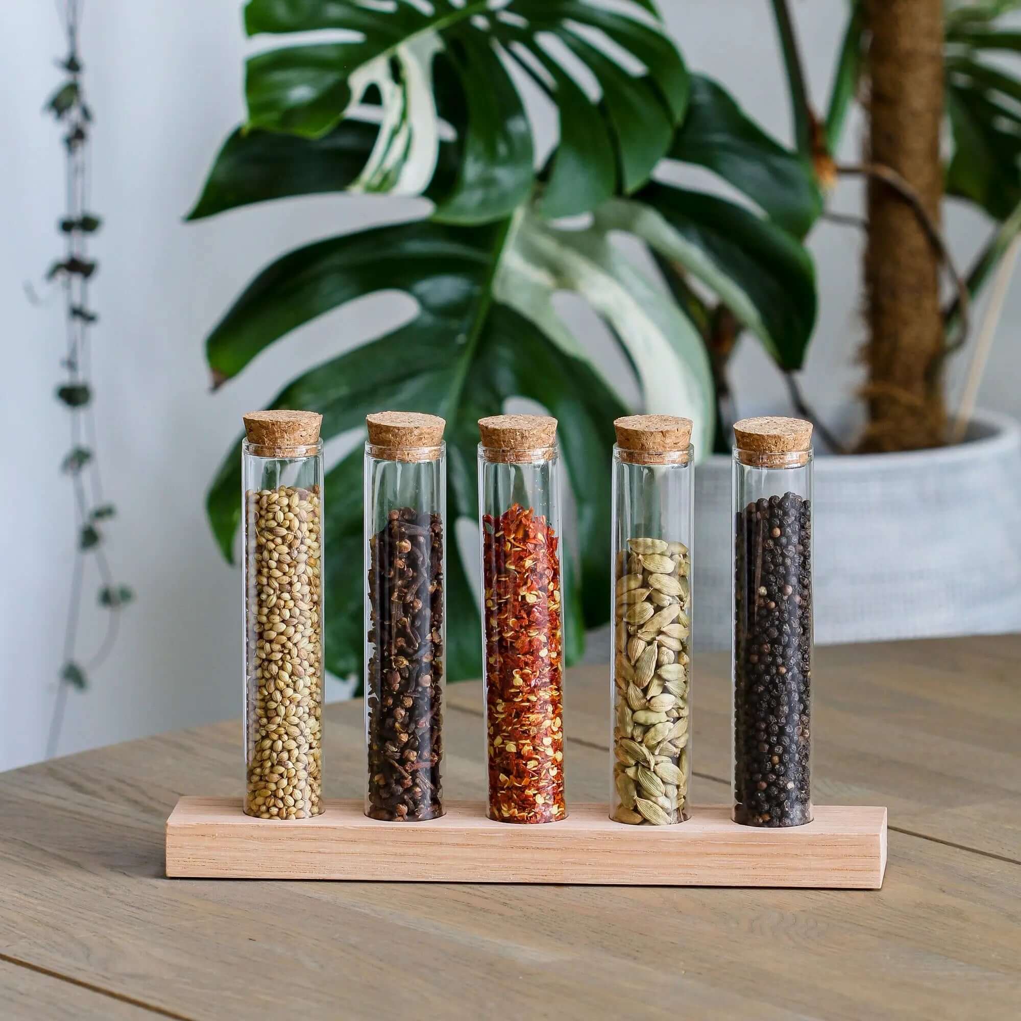 SMUKHI multifunctional propagation station with three oak wood tubes, serving as a spice rack and plant propagation stand.
